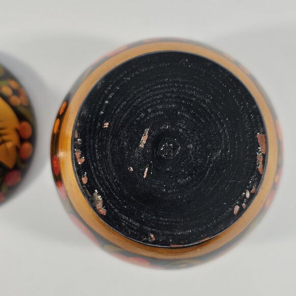 Russian Khokhloma Hand Painted Wooden Small Bowl with Lid, Black & Red Folk Art - Picture 7 of 9